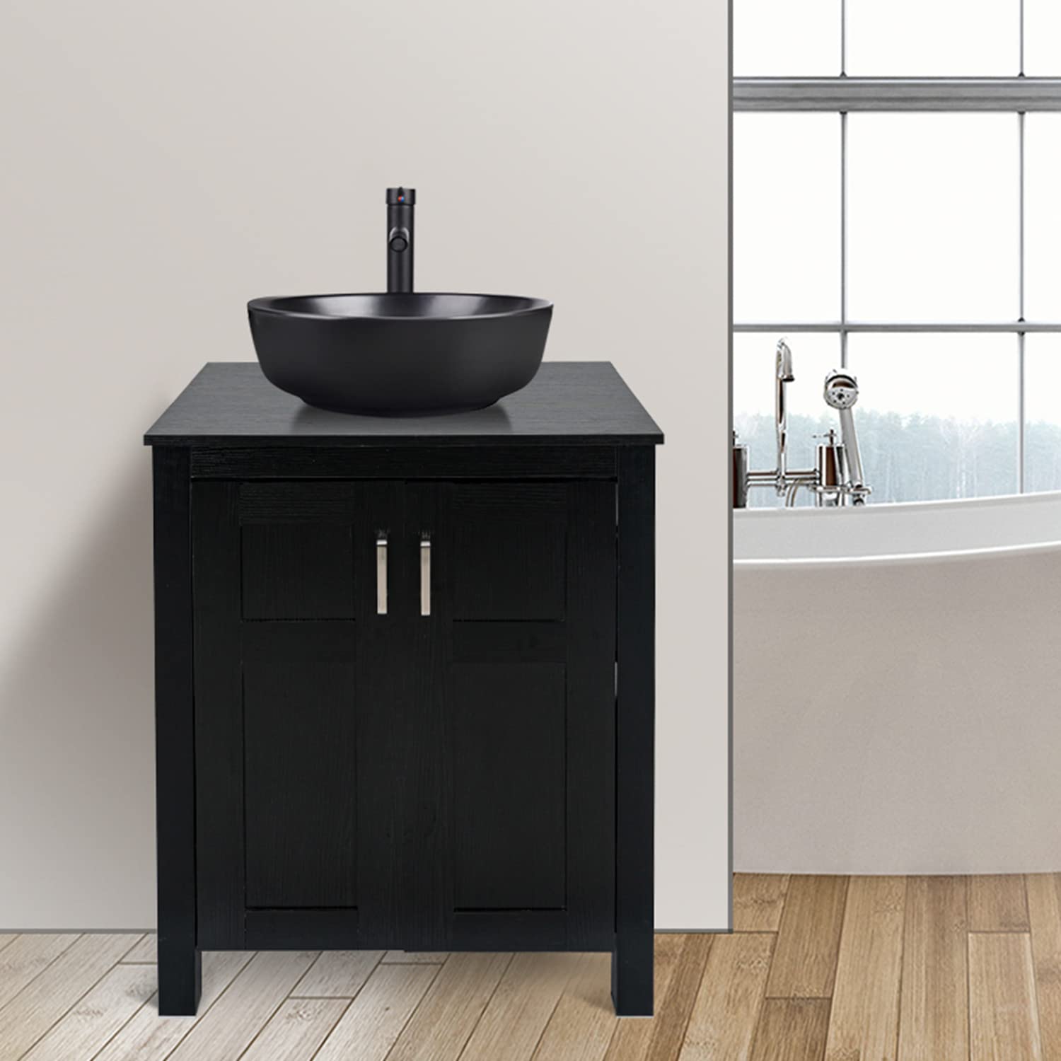 Black Bathroom Vanity Set with Round Ceramic Vessel Sink HW1120 display scene