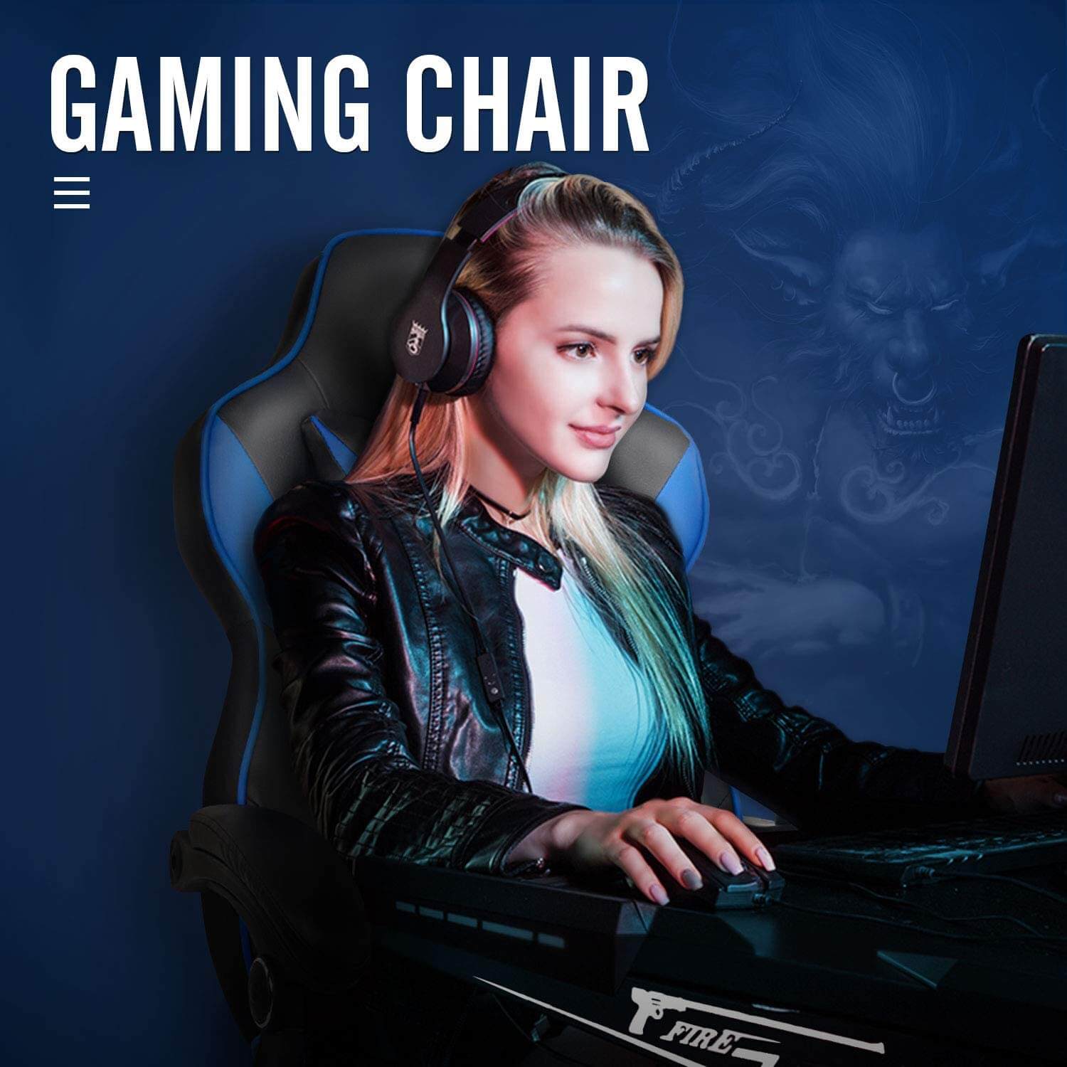 Girl sit on the Elecwish blue massage gaming chair with footrest OC112 playing computer