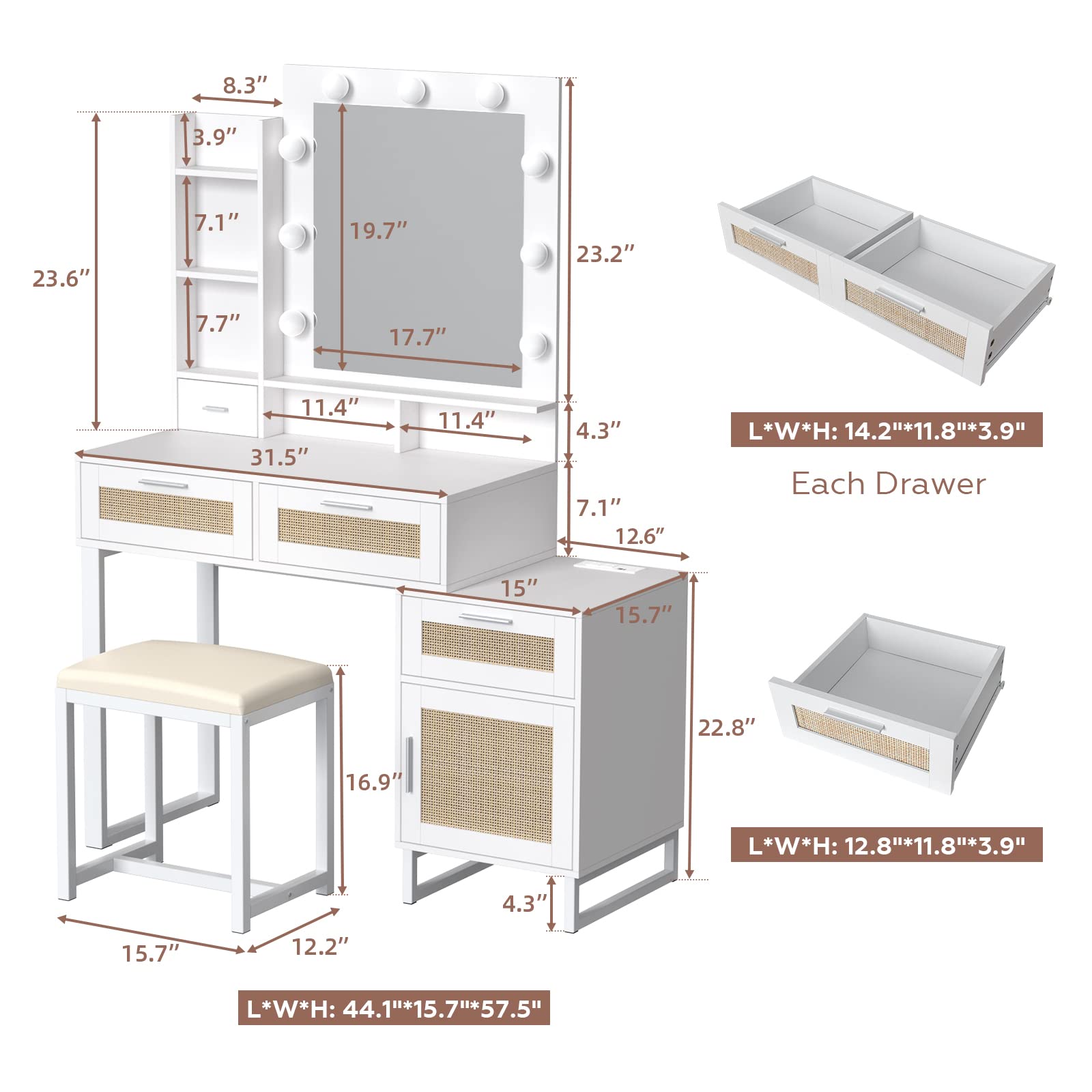 White and Rattan Vanity Table Set IF007 size