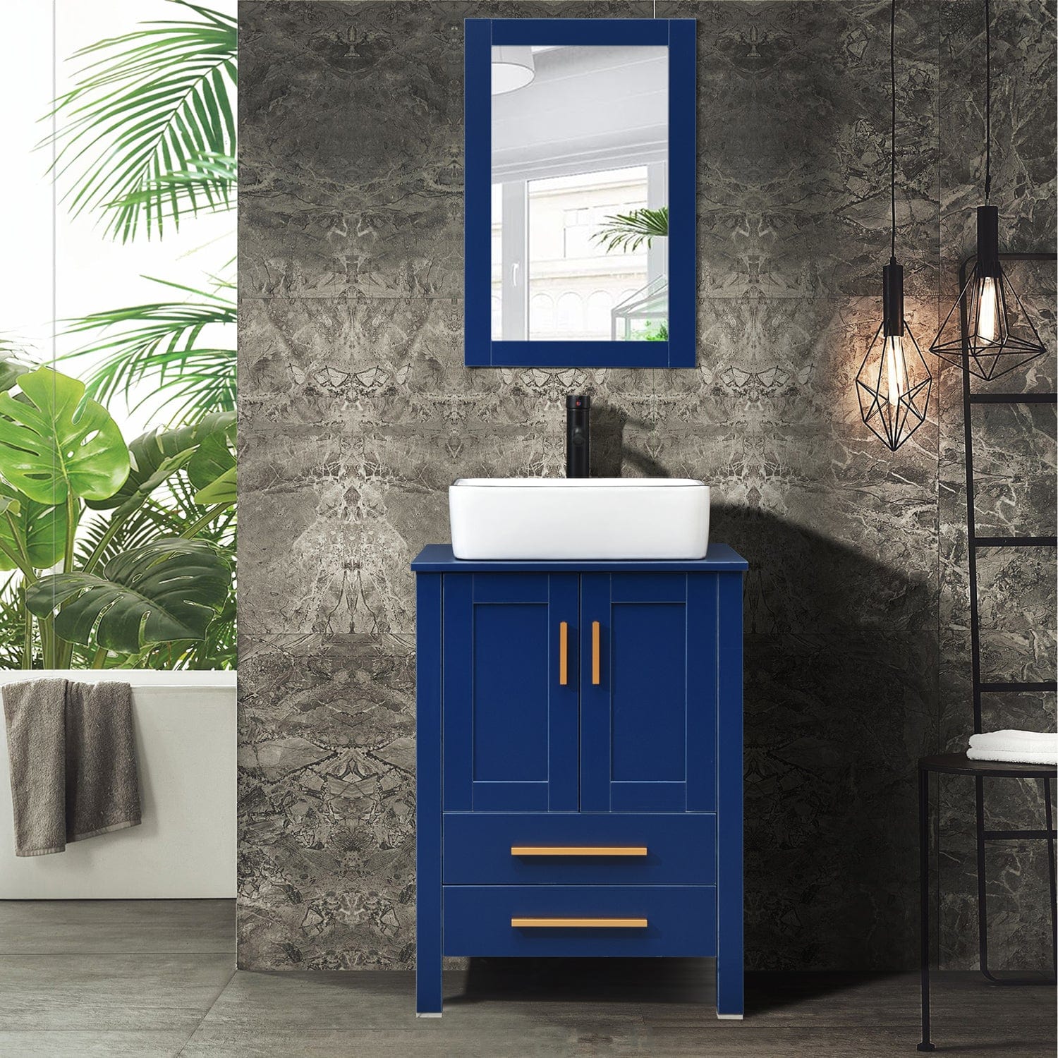 Elecwish 24-Inch Bathroom Vanity, Modern Wood Fixture Stand Pedestal Cabinet with Mirror, Blue display scene