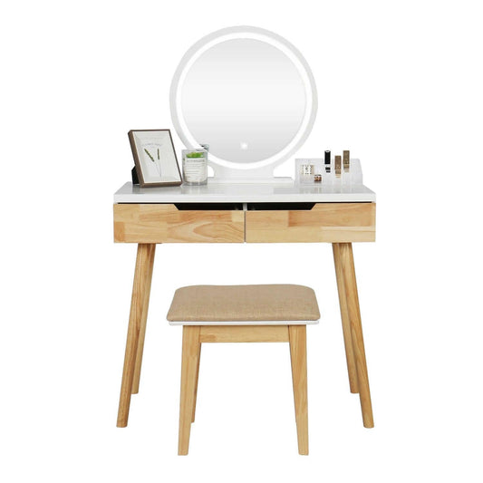 Elecwish Makeup dressing table 3 Lighting Modes Round Mirror Wood Dressing Table 2 Drawers Free Makeup Organizer