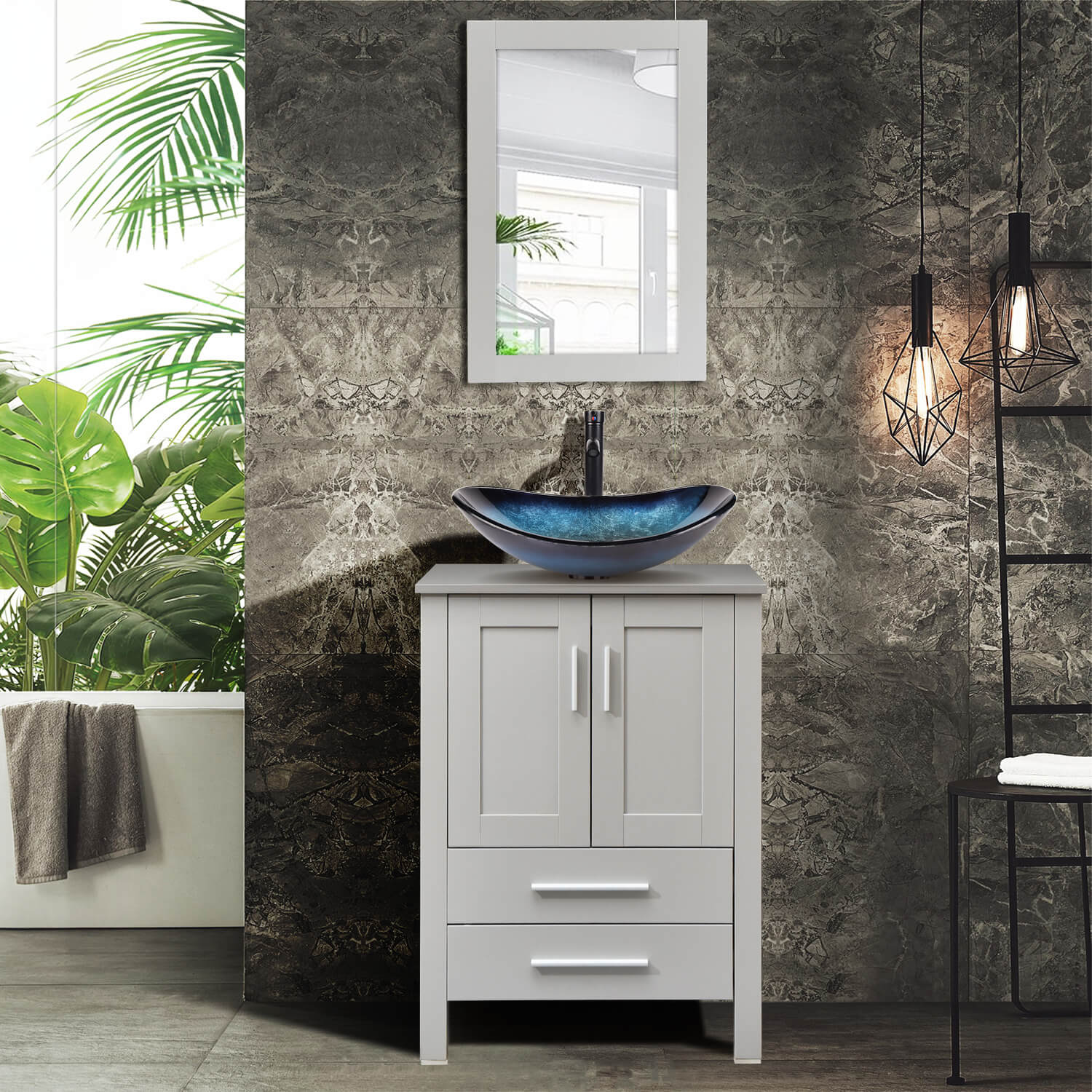 Elecwish gray wood bathroom vanity with blue boat glass sink BG005BL in modern bathroom