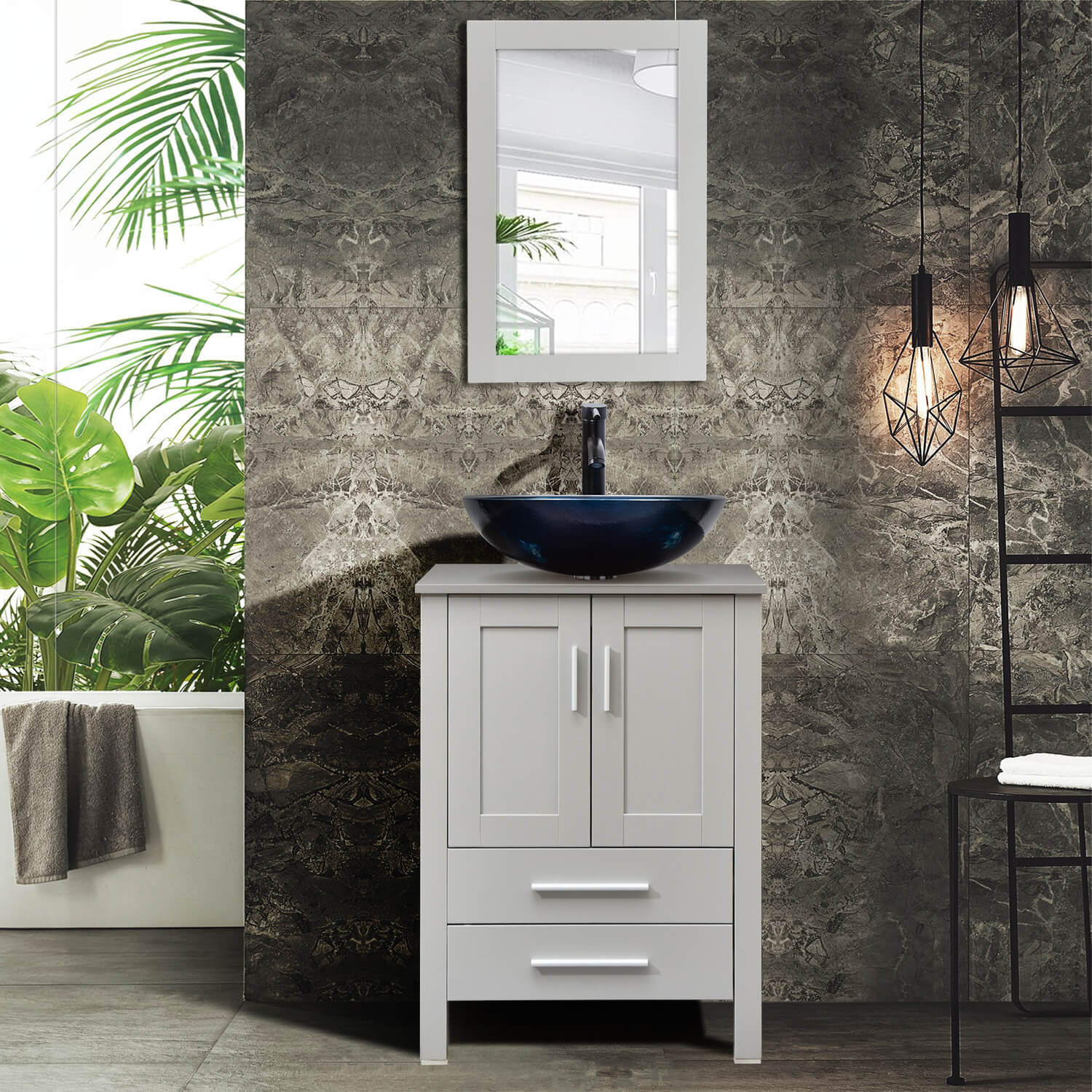 Elecwish gray wood bathroom vanity with blue glass sink BA20077 in bathroom