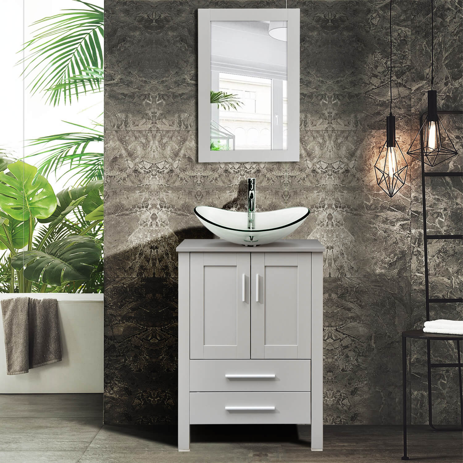 Elecwish gray wood bathroom vanity with boat clear sink BG007 in modern bathroom