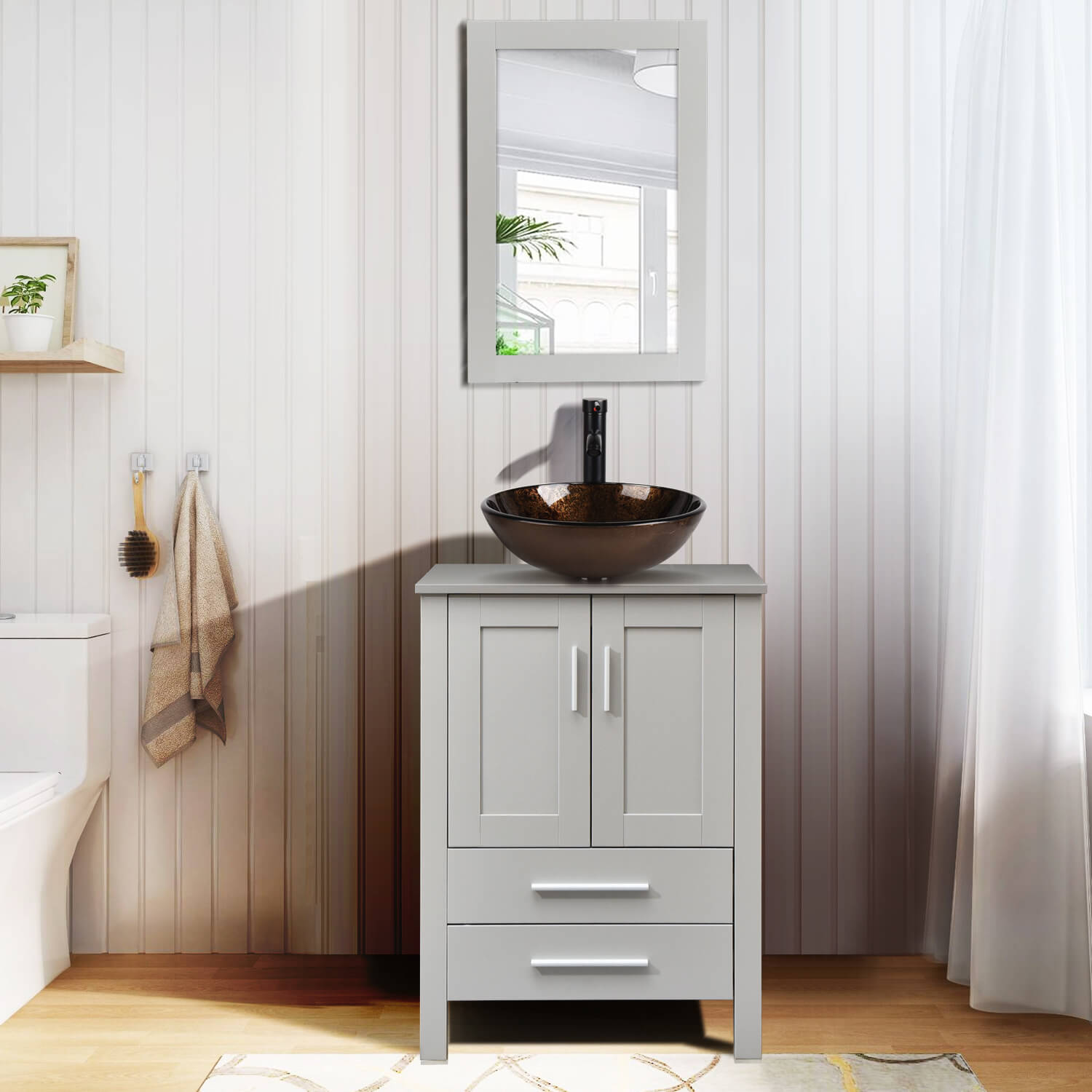 Elecwish gray wood bathroom vanity with brown glass sink BA20062 in bathroom