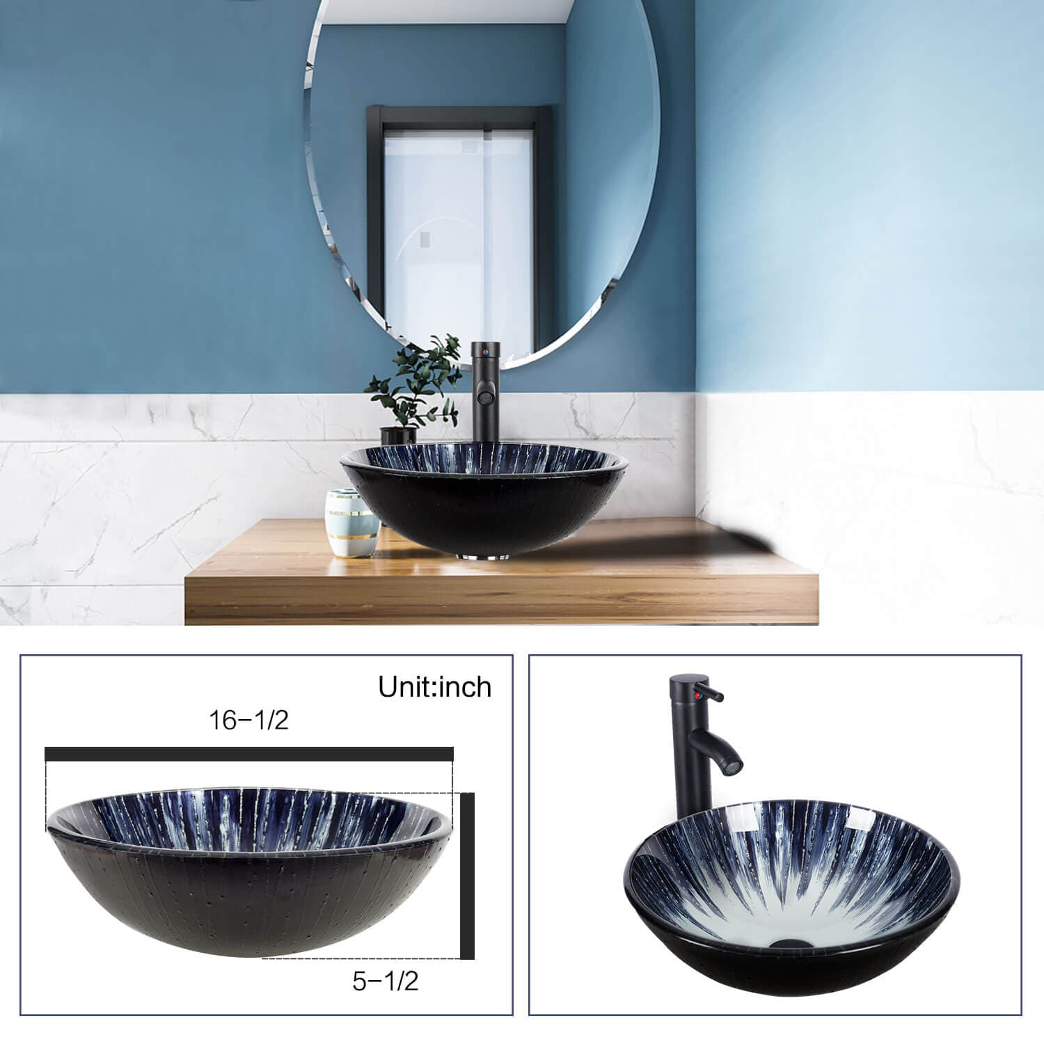 Elecwish Vessel Sinks 16.5 Inch Round Bathroom Vessel Sink Bowl and Faucet Combo,Dark Blue