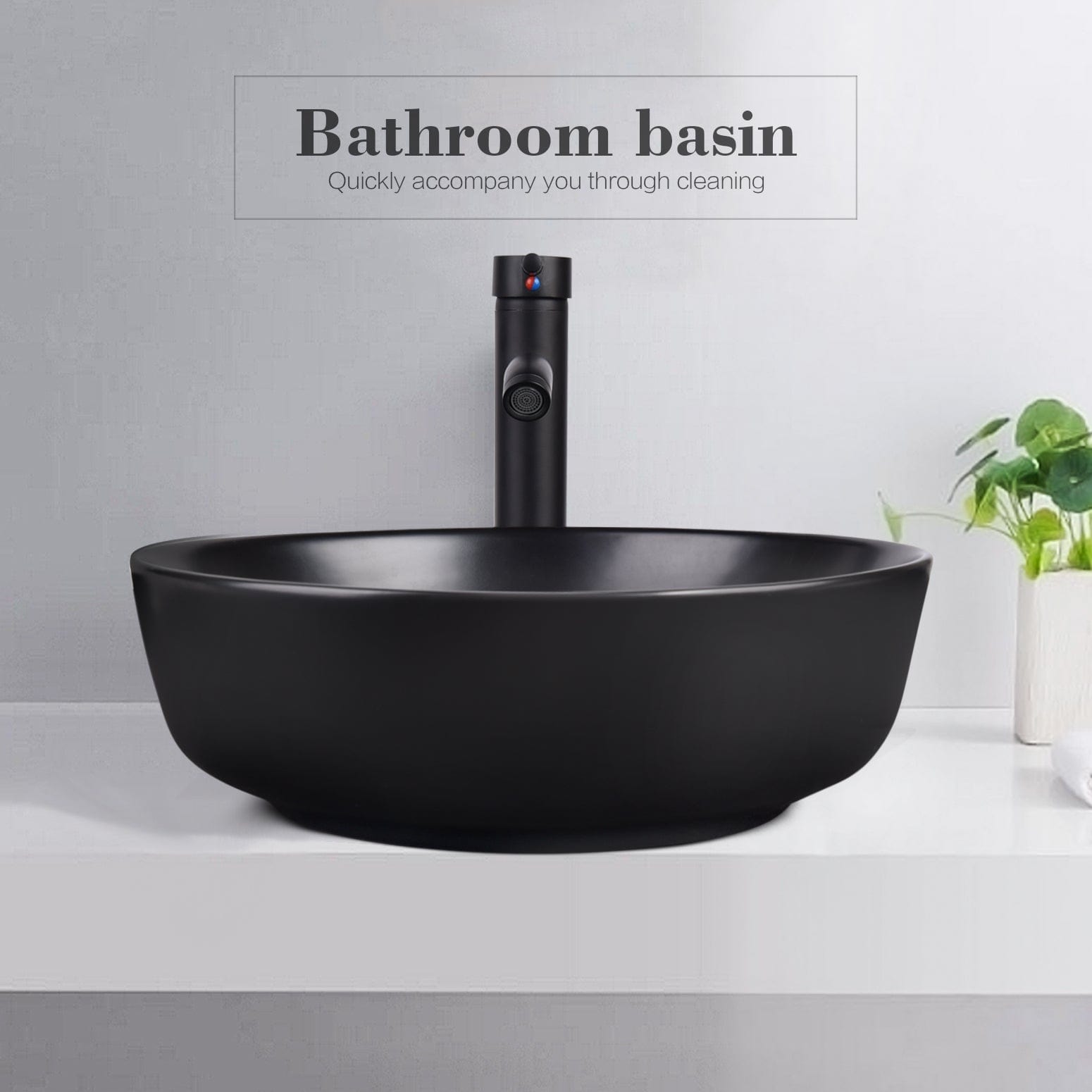 Elecwish Vessel Sinks Bathroom Sink and Faucet Combo Ceramic Vessel Sink Basin,Round Black