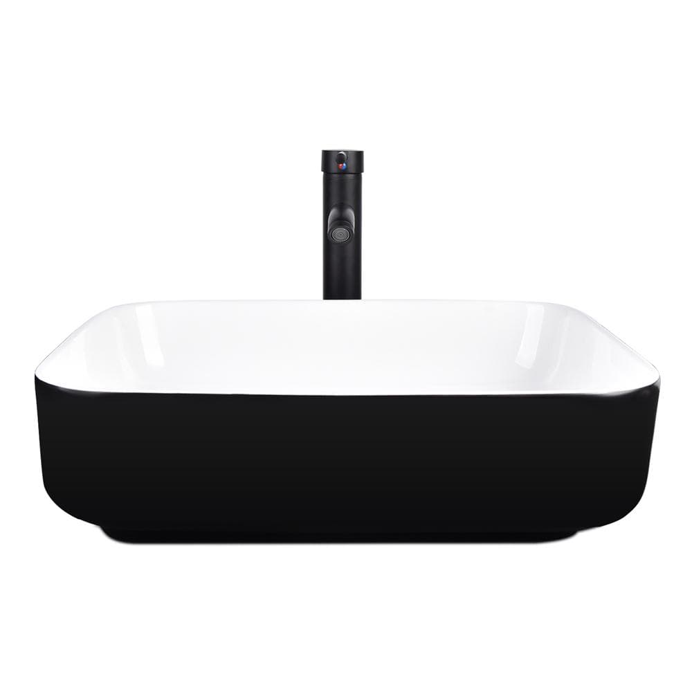 Elecwish Vessel Sinks Black and White Ceramic Bathroom Sink Faucet and Drain Combo,Rectangle