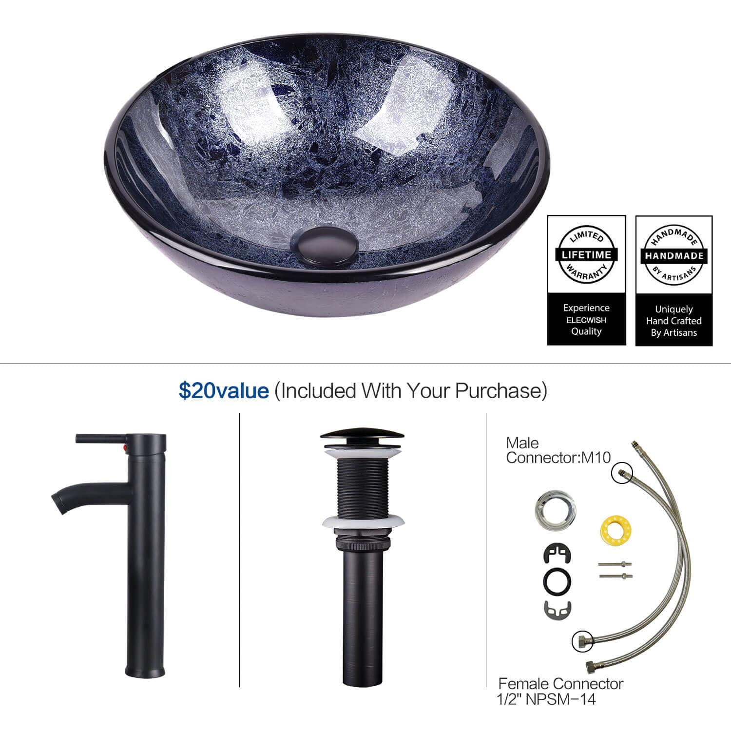 Elecwish Vessel Sinks Glass Bathroom Vessel Sink 16.5" BG1002 package included display