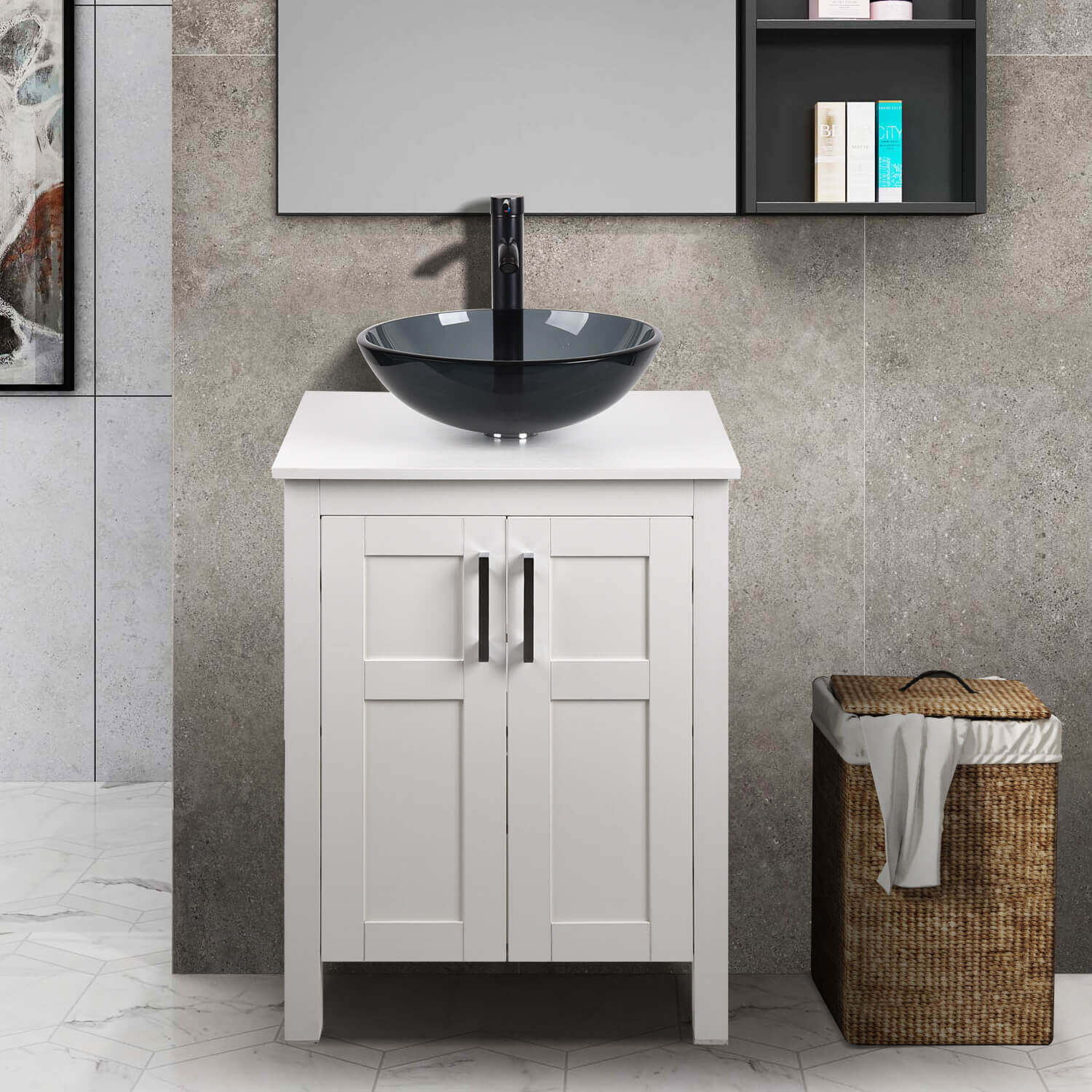 Elecwish White Bathroom Vanity and Bluish Grey Sink Set HW1120-WH display scene